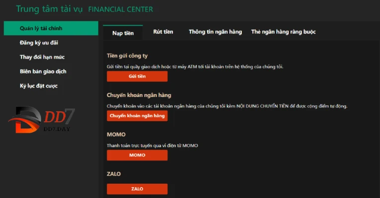 Hướng dẫn các bước nạp - rút tiền tại DD7